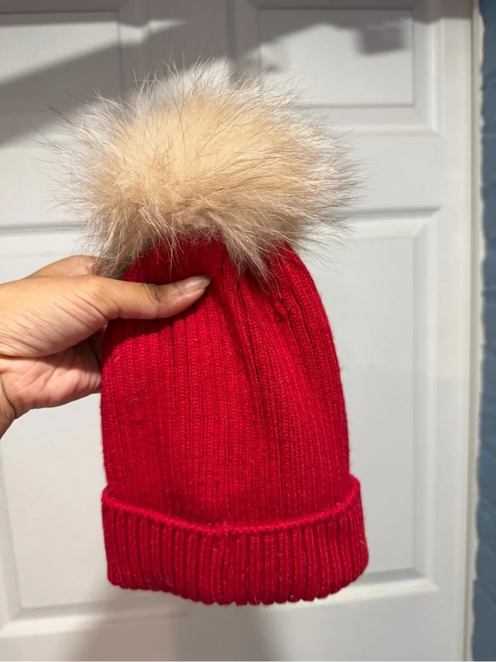 Moncler Kids Red Knit Beanie with Tan Pom